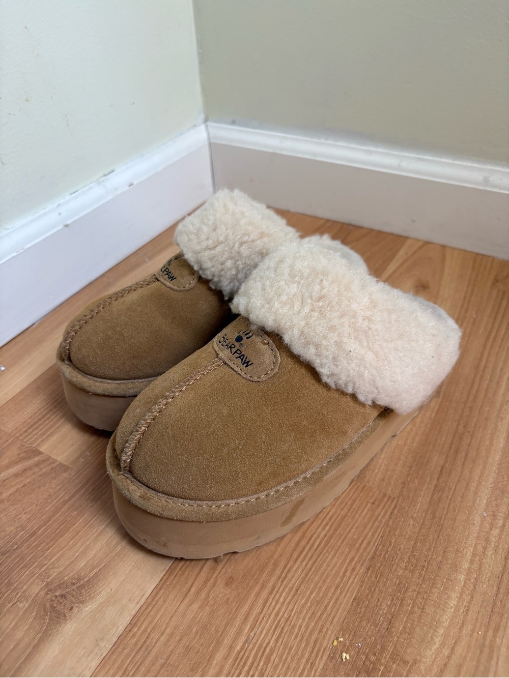 BearPaw Tan Shearling Cuff Slip-On Kids Slippers